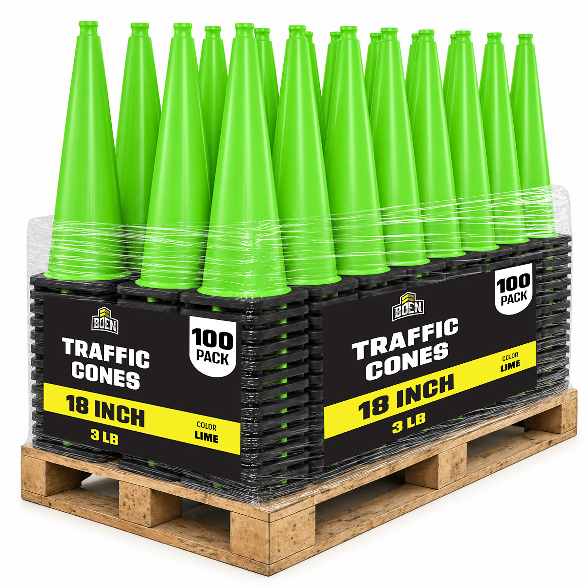 Boen 18 in, Lime Green Traffic Cone, 100-Pack (PL), High-Visibility Safety Cones with Heavy-Duty Base for Parking, Events & Traffic Control